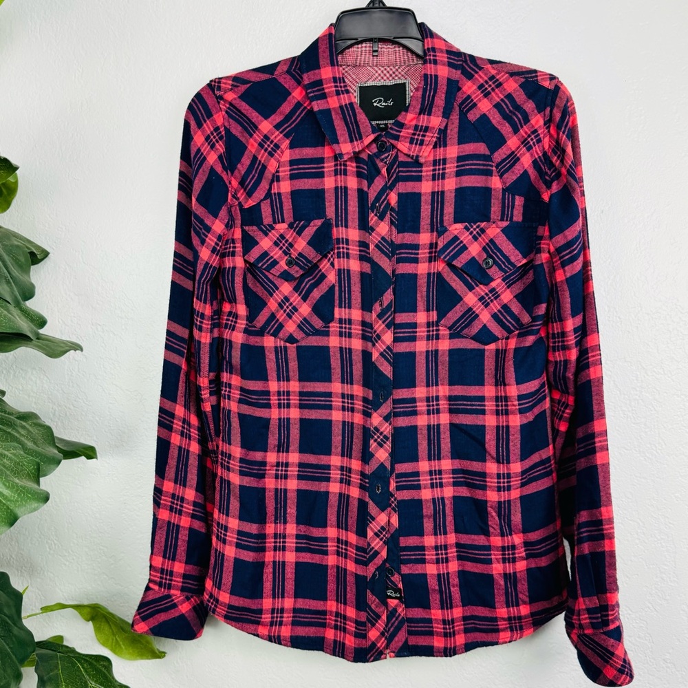 Rails Hunter Pink Blue Plaid Button Down Shirt Double Pockets